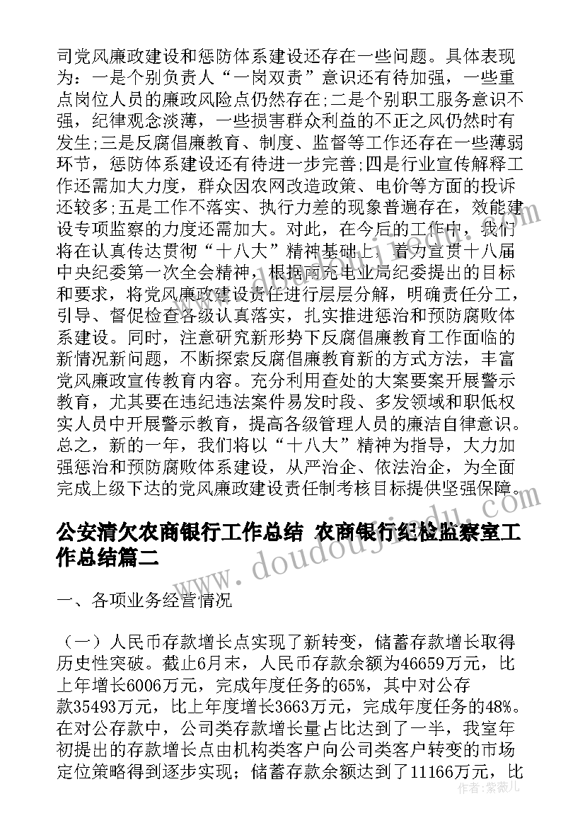 公安清欠农商银行工作总结 农商银行纪检监察室工作总结(汇总5篇)