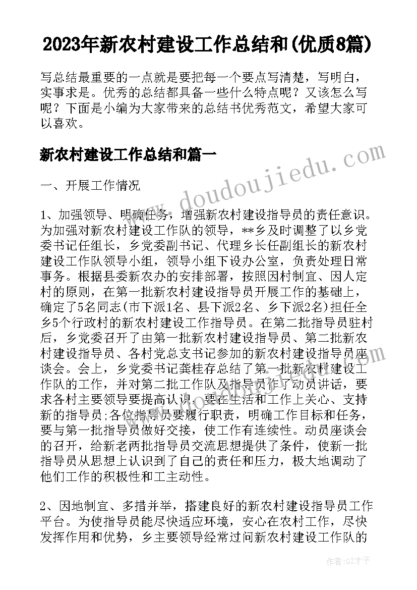 2023年新农村建设工作总结和(优质8篇)