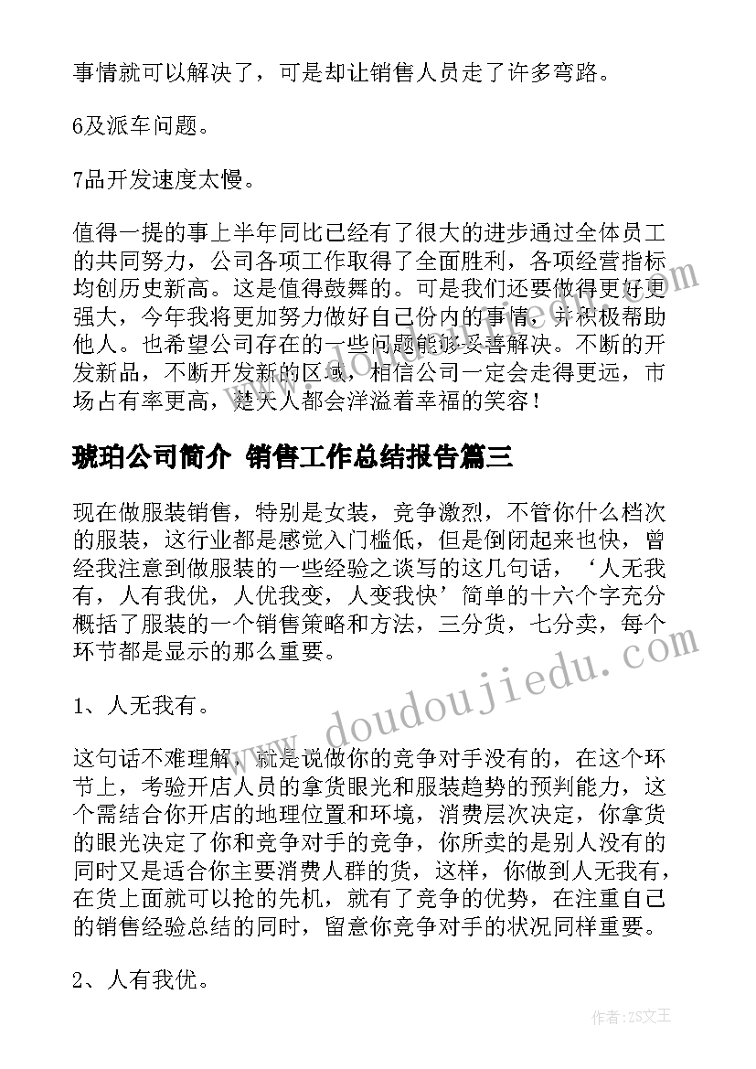 最新琥珀公司简介 销售工作总结报告(优秀9篇)