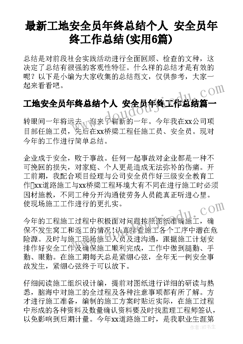 最新工地安全员年终总结个人 安全员年终工作总结(实用6篇)