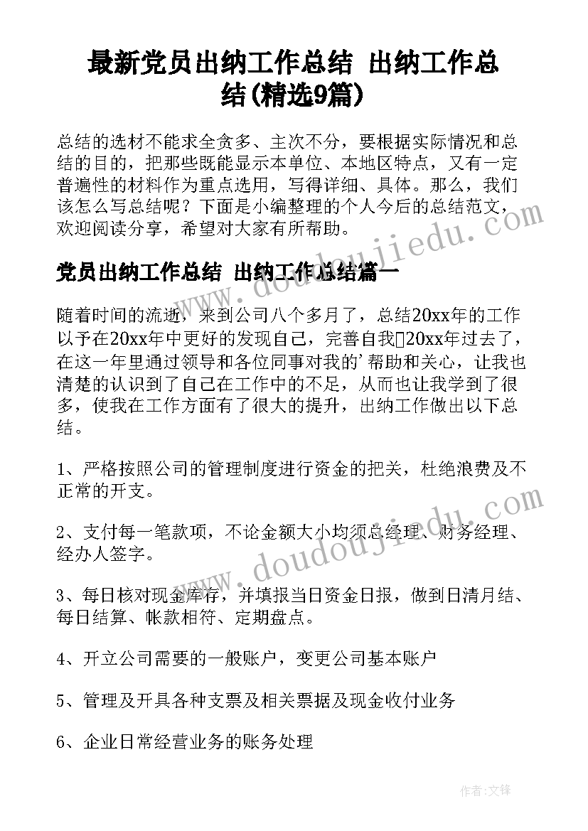 最新党员出纳工作总结 出纳工作总结(精选9篇)