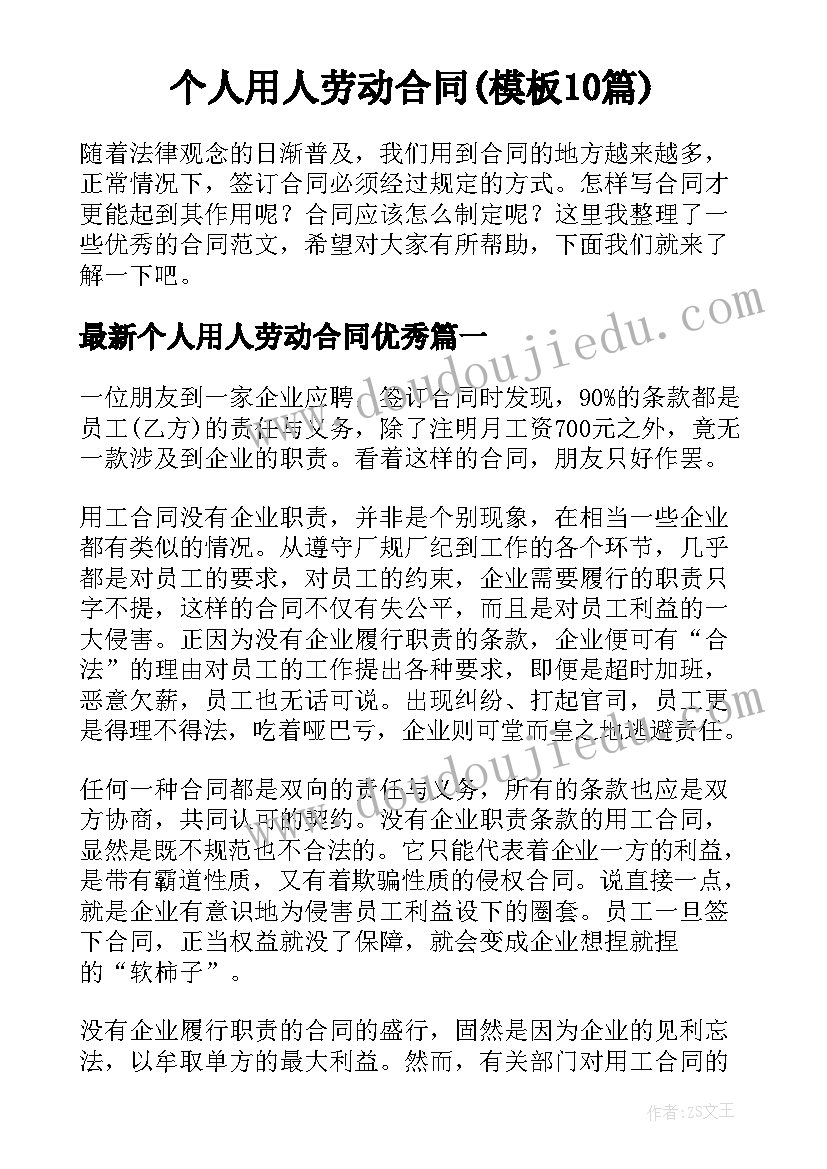 个人用人劳动合同(模板10篇)