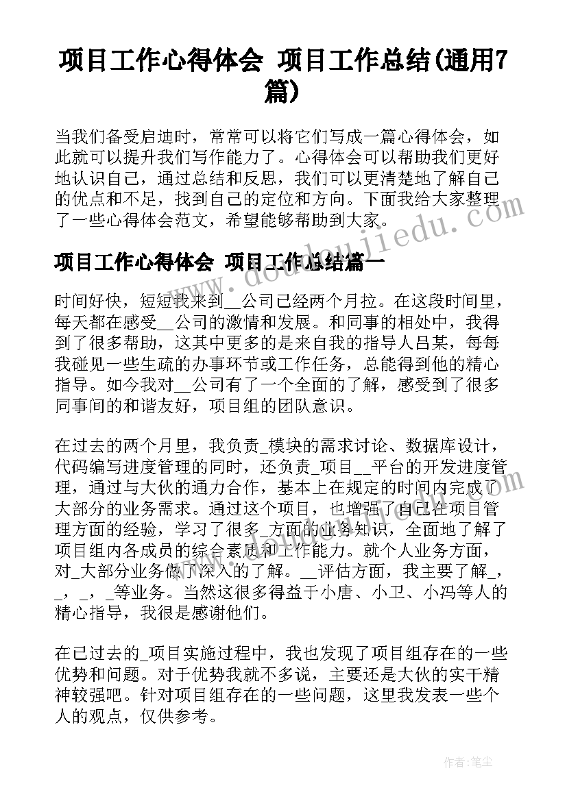 项目工作心得体会 项目工作总结(通用7篇)