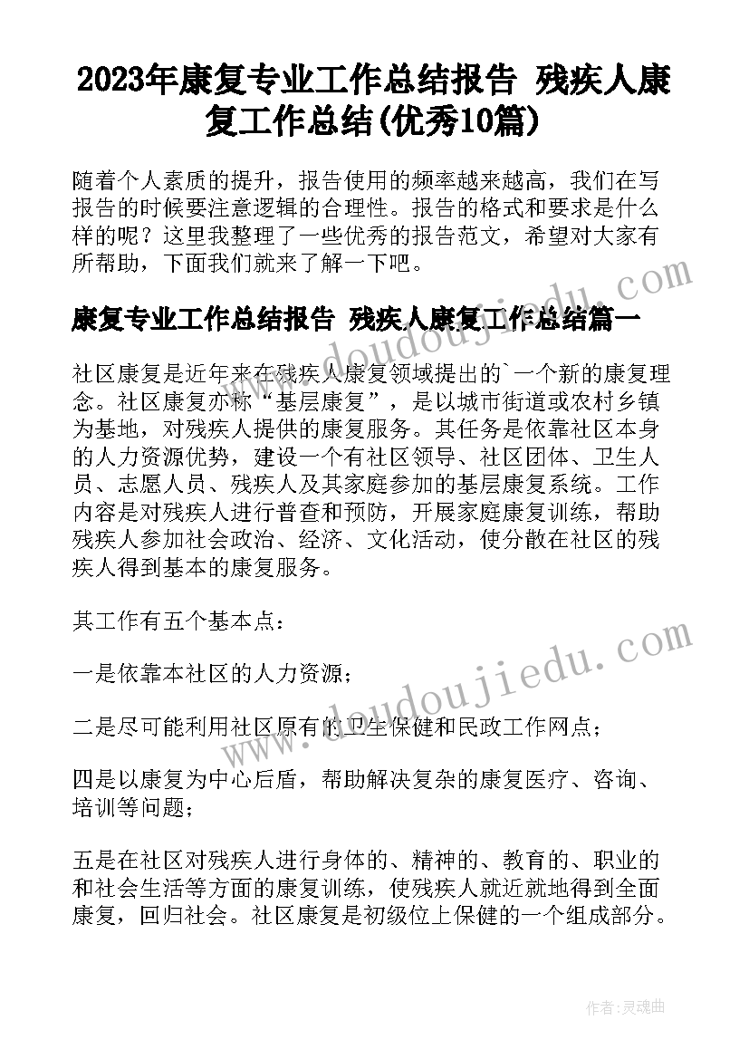 2023年康复专业工作总结报告 残疾人康复工作总结(优秀10篇)