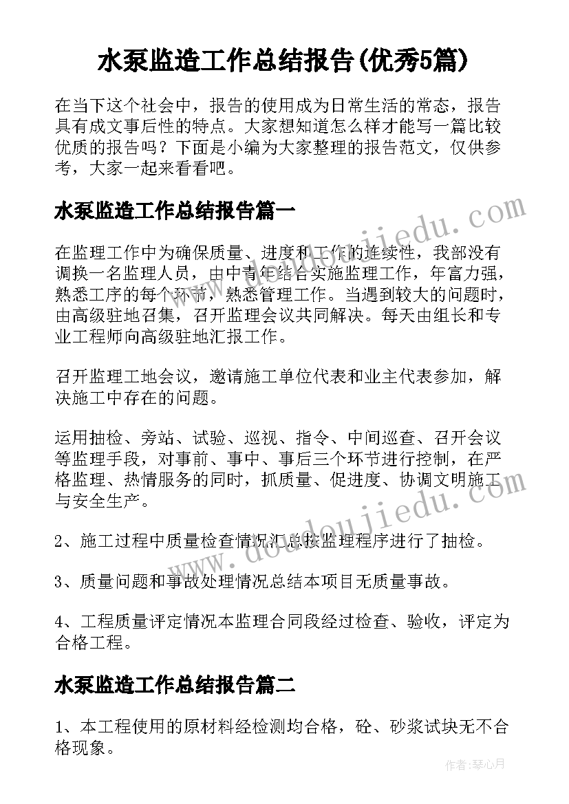 水泵监造工作总结报告(优秀5篇)