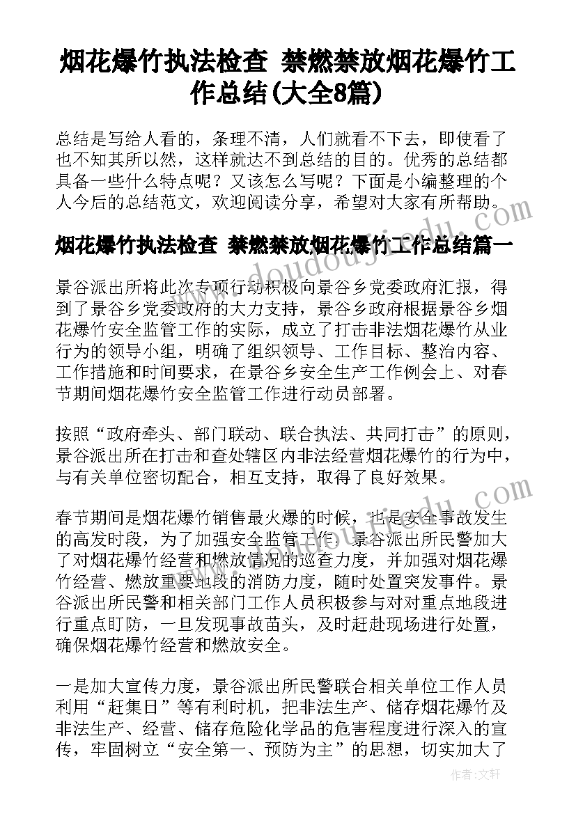 烟花爆竹执法检查 禁燃禁放烟花爆竹工作总结(大全8篇)