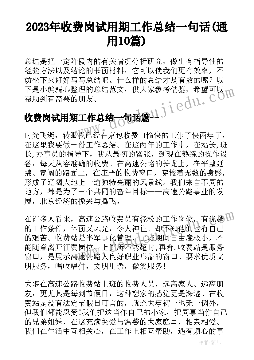 2023年收费岗试用期工作总结一句话(通用10篇)