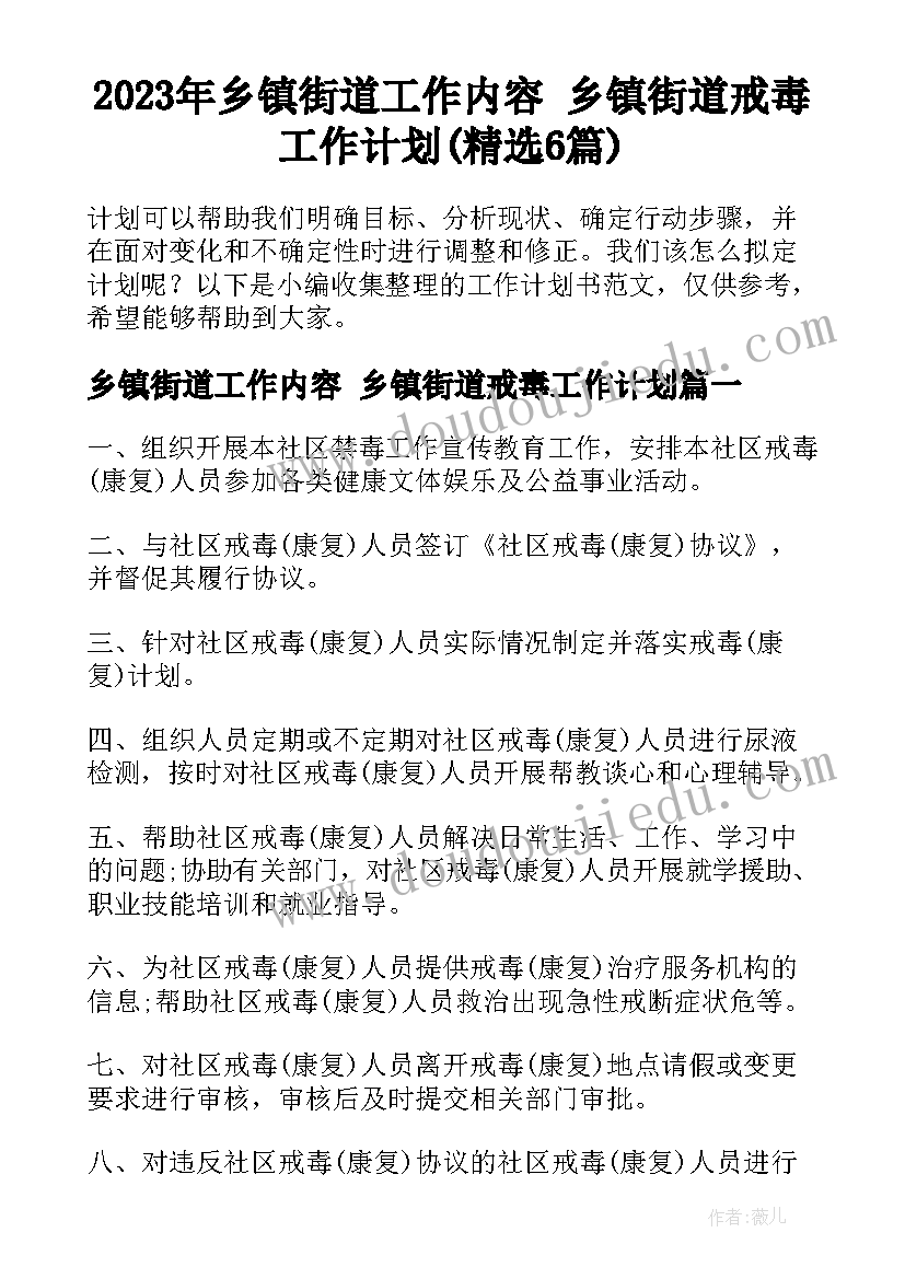 2023年乡镇街道工作内容 乡镇街道戒毒工作计划(精选6篇)