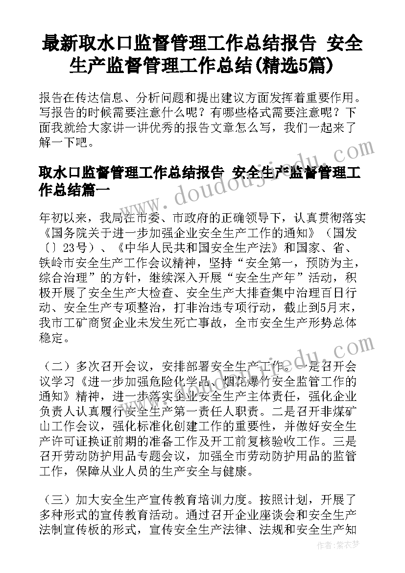 最新取水口监督管理工作总结报告 安全生产监督管理工作总结(精选5篇)