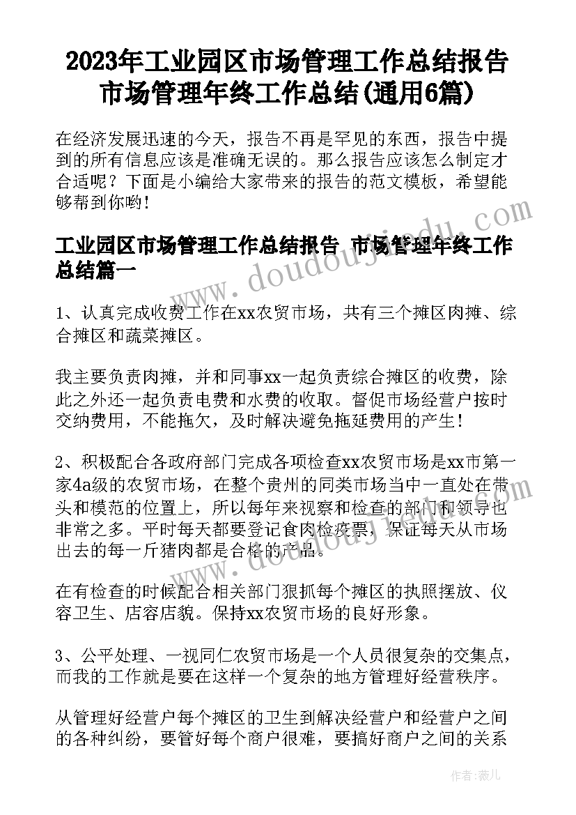 2023年工业园区市场管理工作总结报告 市场管理年终工作总结(通用6篇)