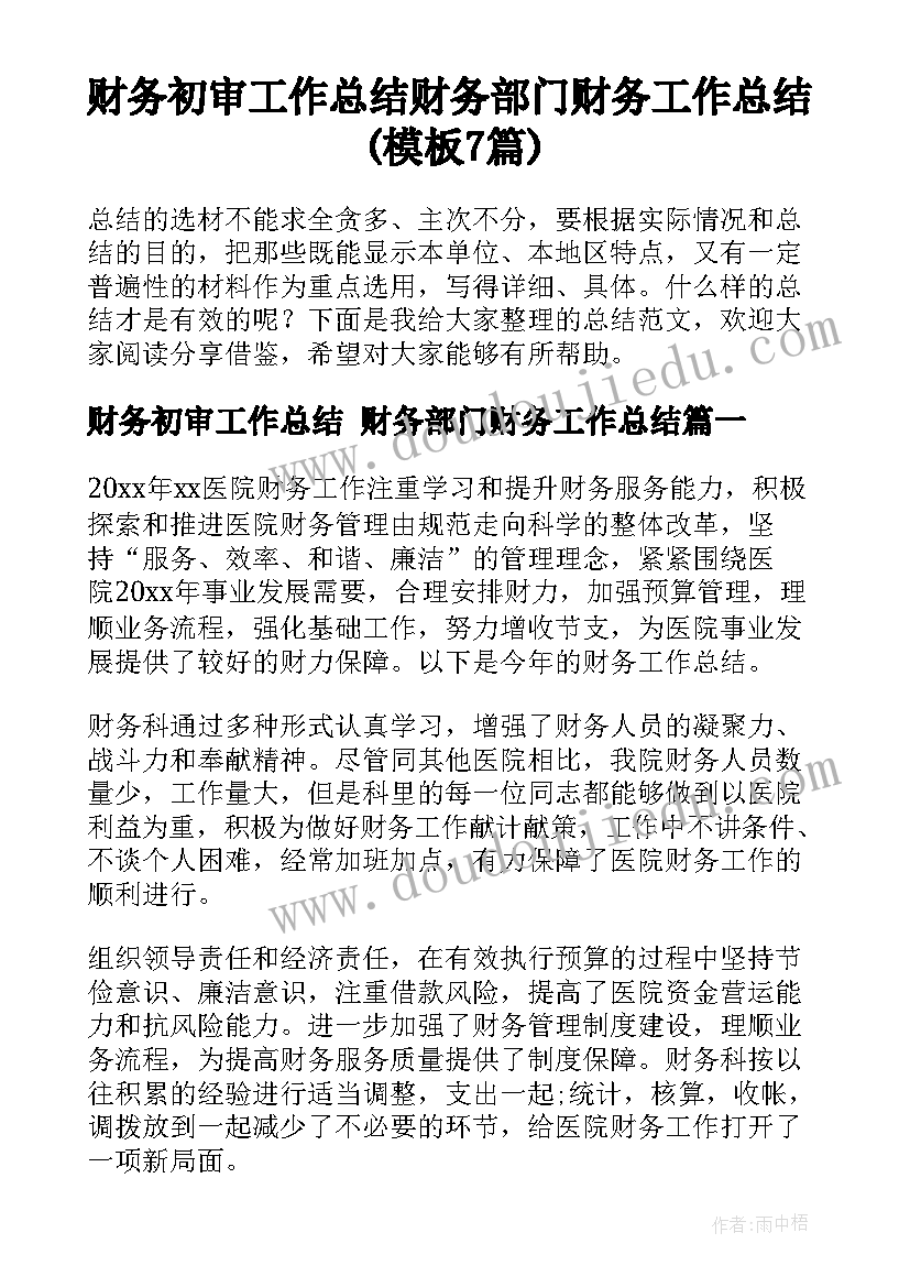 财务初审工作总结 财务部门财务工作总结(模板7篇)