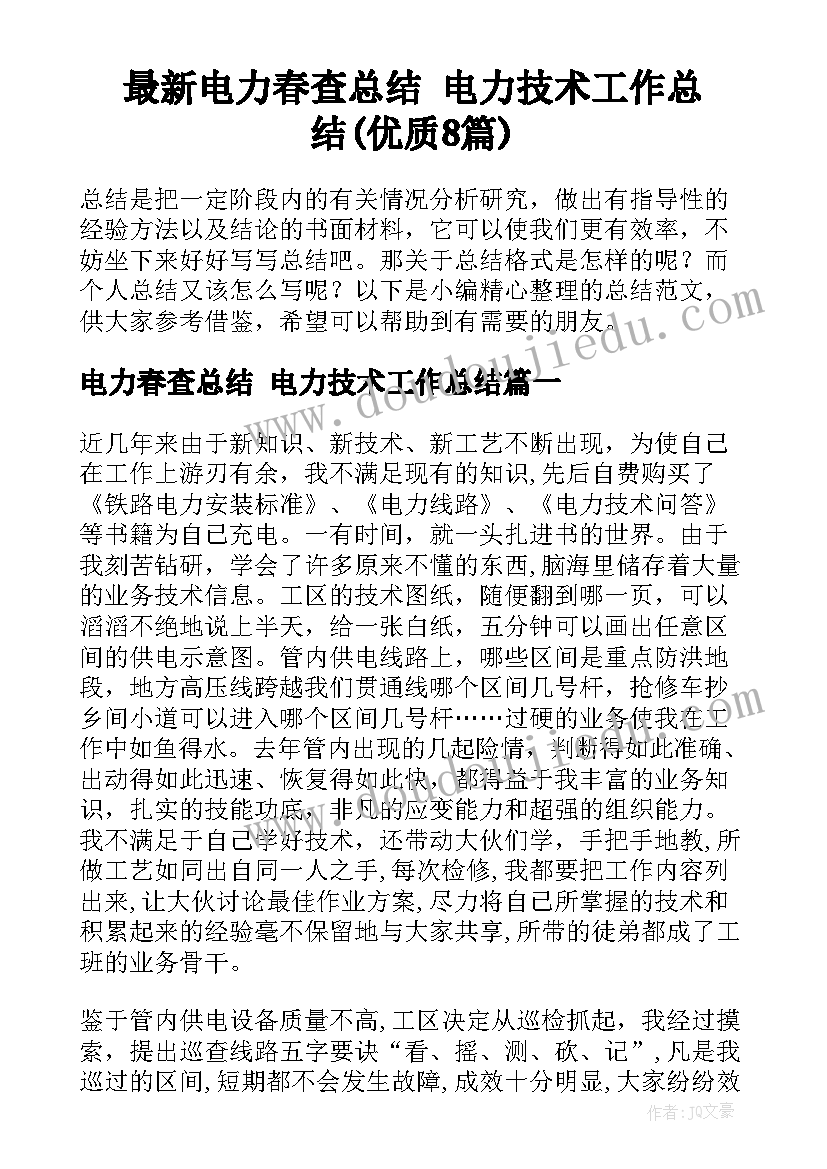 最新电力春查总结 电力技术工作总结(优质8篇)