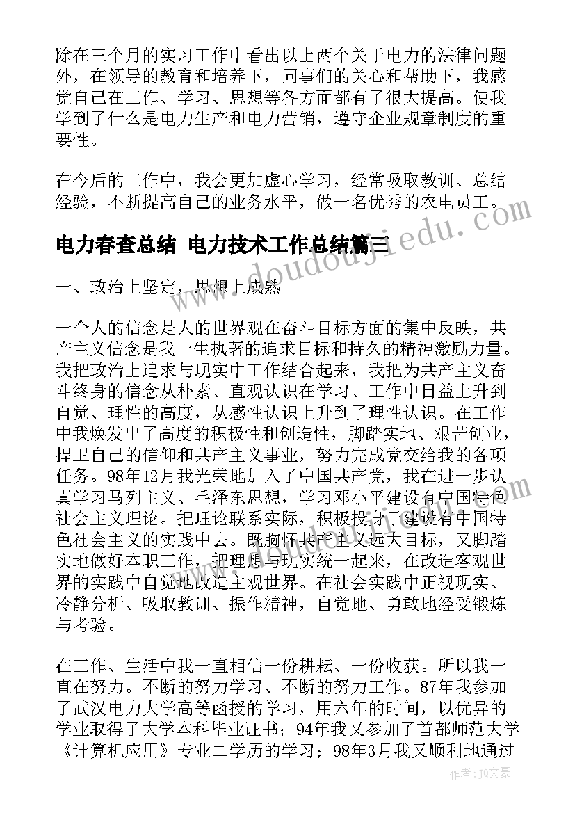 最新电力春查总结 电力技术工作总结(优质8篇)