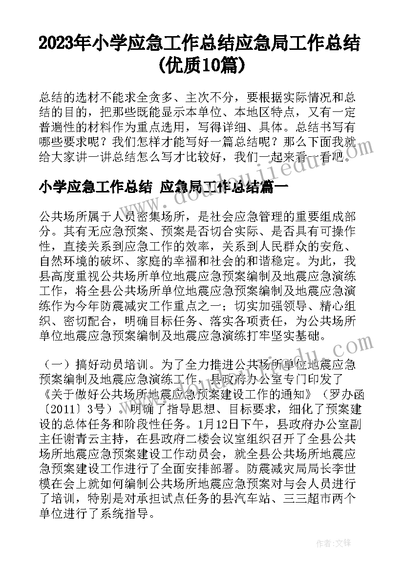 2023年小学应急工作总结 应急局工作总结(优质10篇)