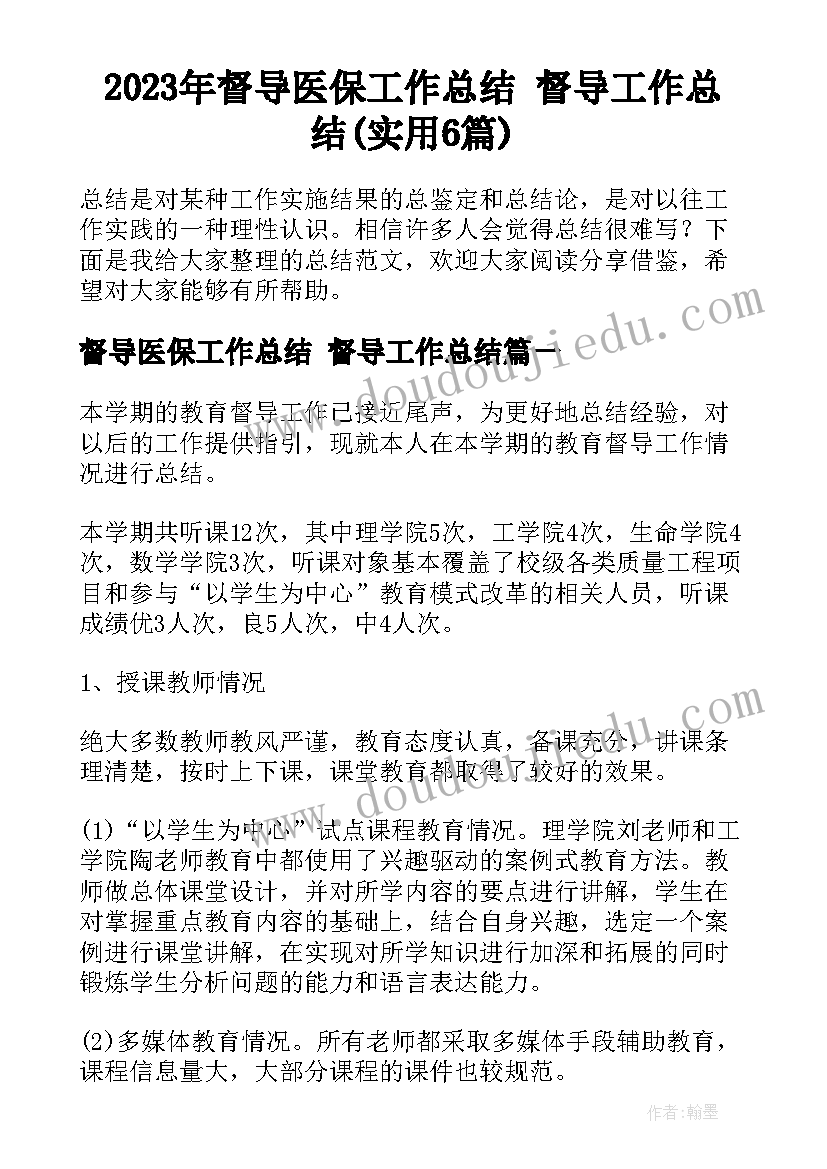 2023年督导医保工作总结 督导工作总结(实用6篇)