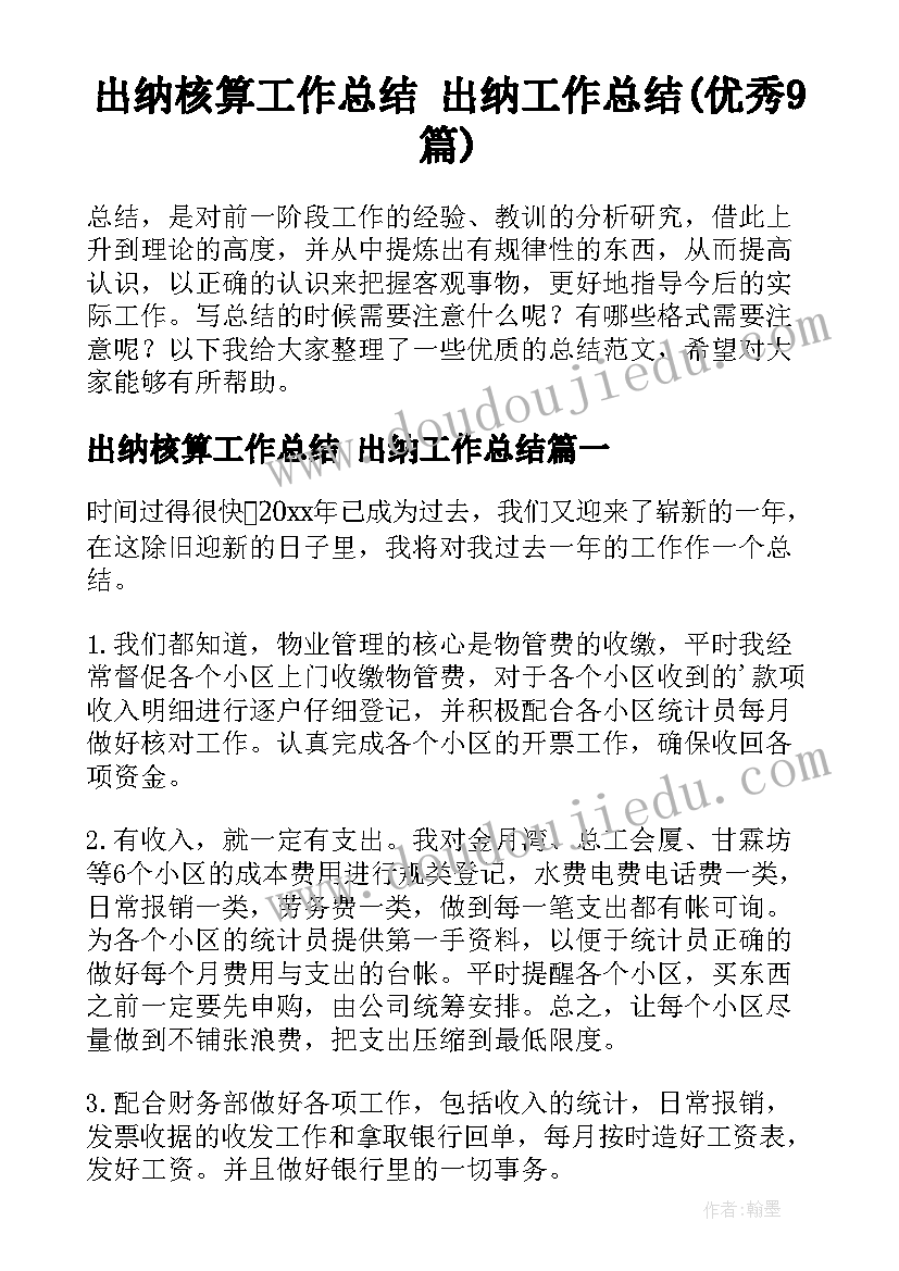 出纳核算工作总结 出纳工作总结(优秀9篇)