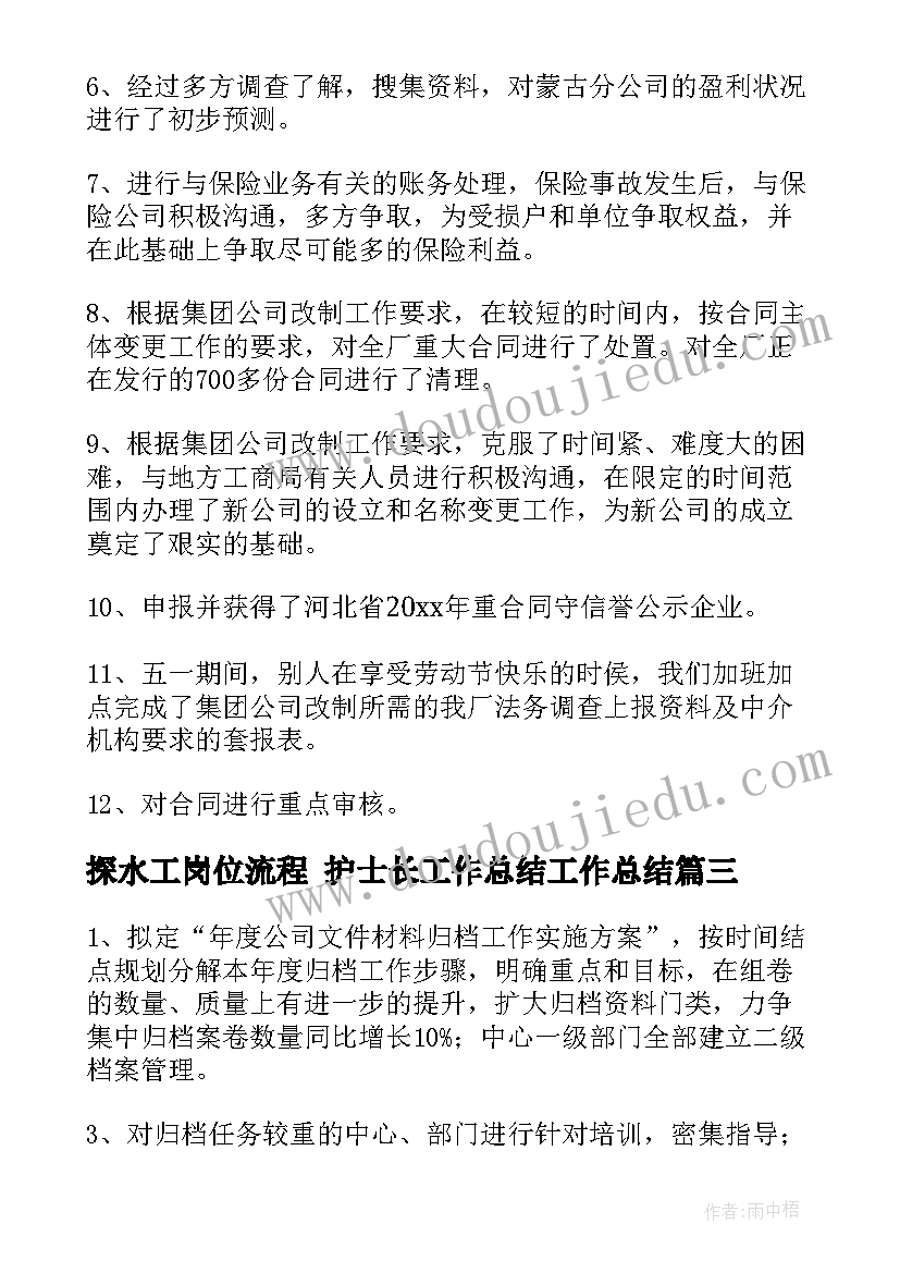 最新探水工岗位流程 护士长工作总结工作总结(大全7篇)