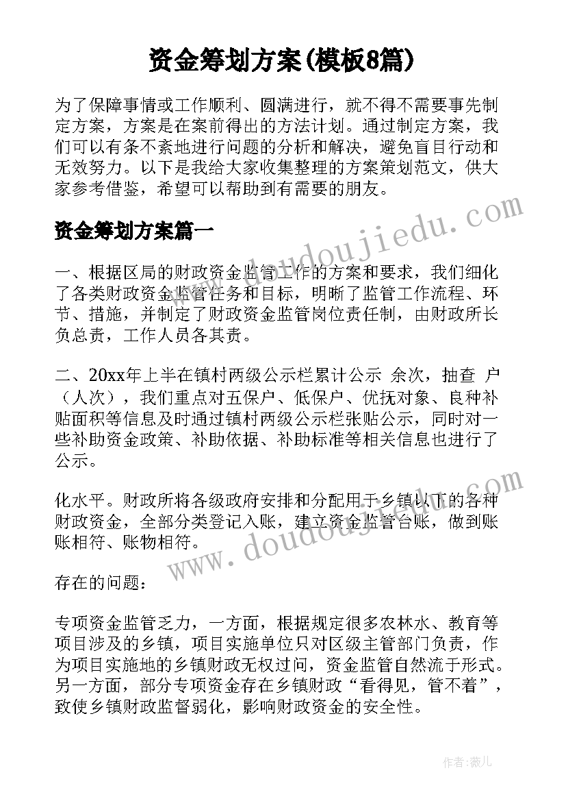 资金筹划方案(模板8篇)