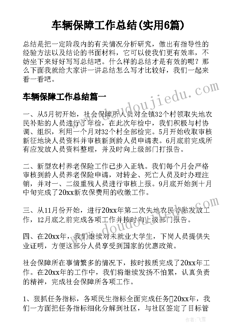 车辆保障工作总结(实用6篇)