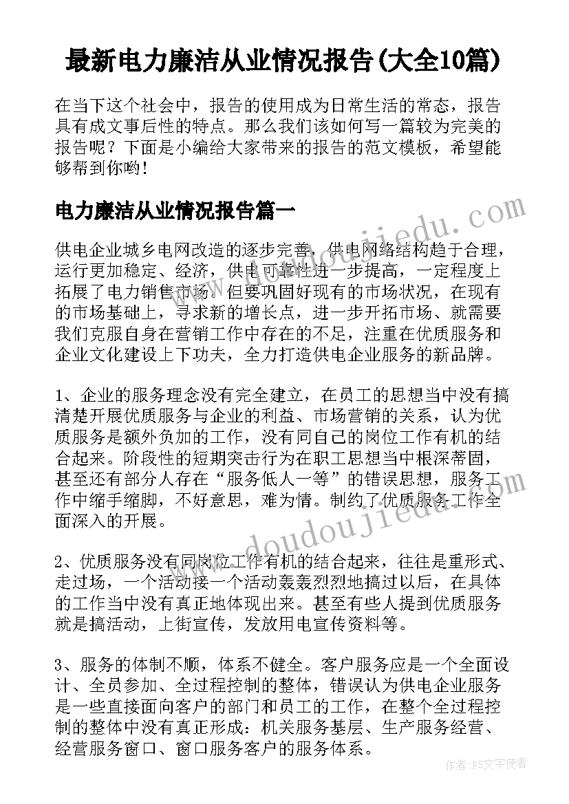 最新电力廉洁从业情况报告(大全10篇)