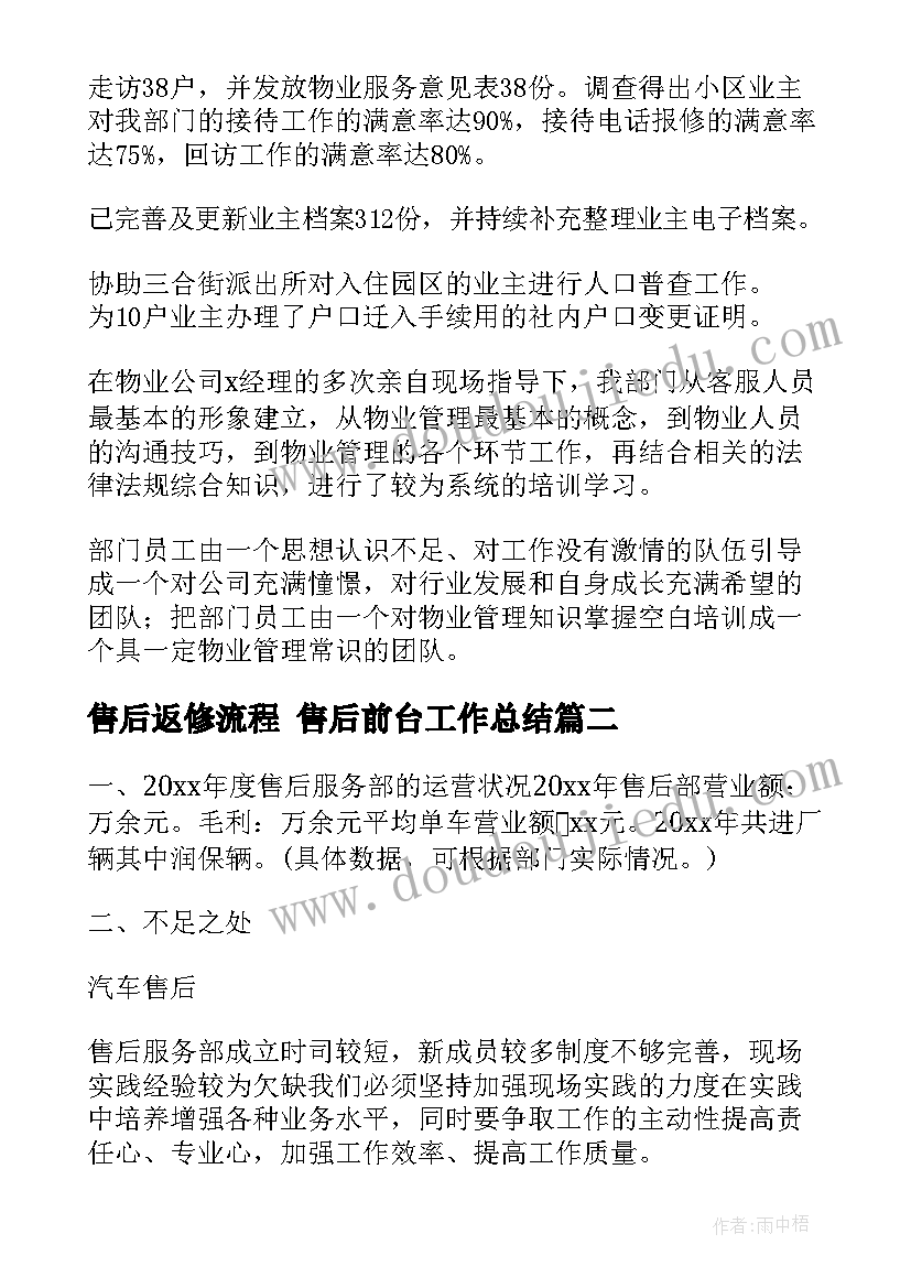 2023年售后返修流程 售后前台工作总结(模板7篇)