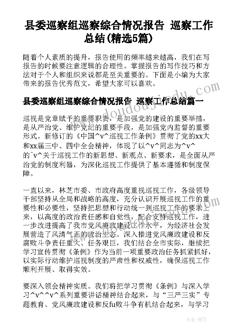 县委巡察组巡察综合情况报告 巡察工作总结(精选5篇)