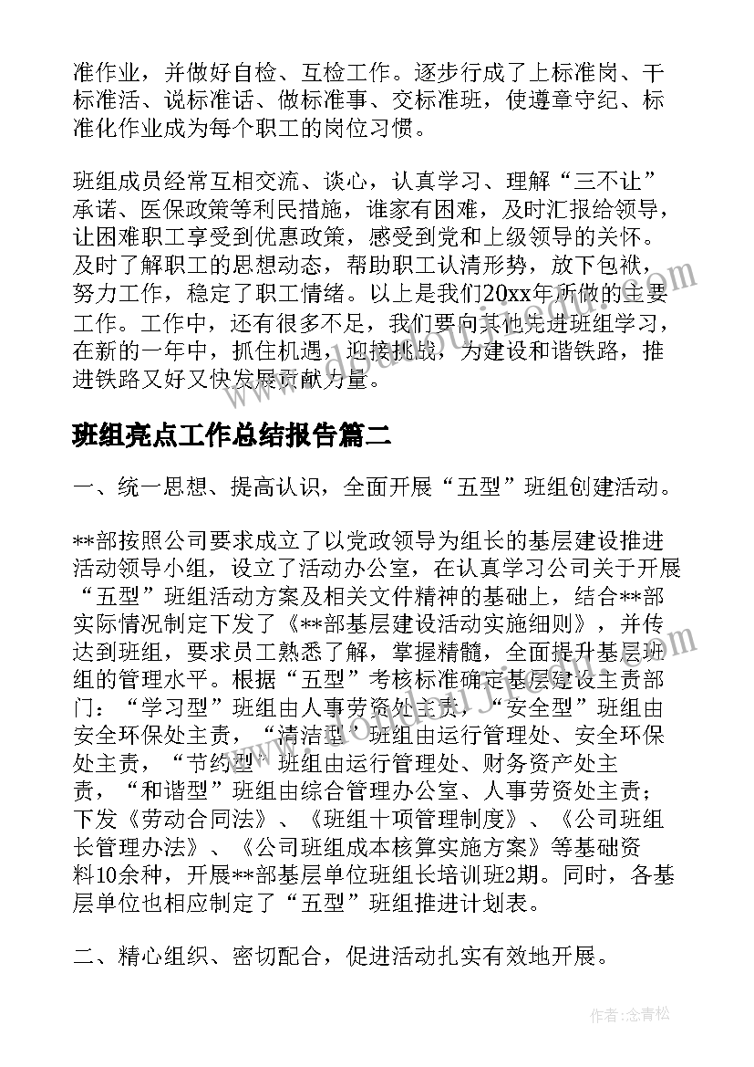 最新班组亮点工作总结报告(优质7篇)