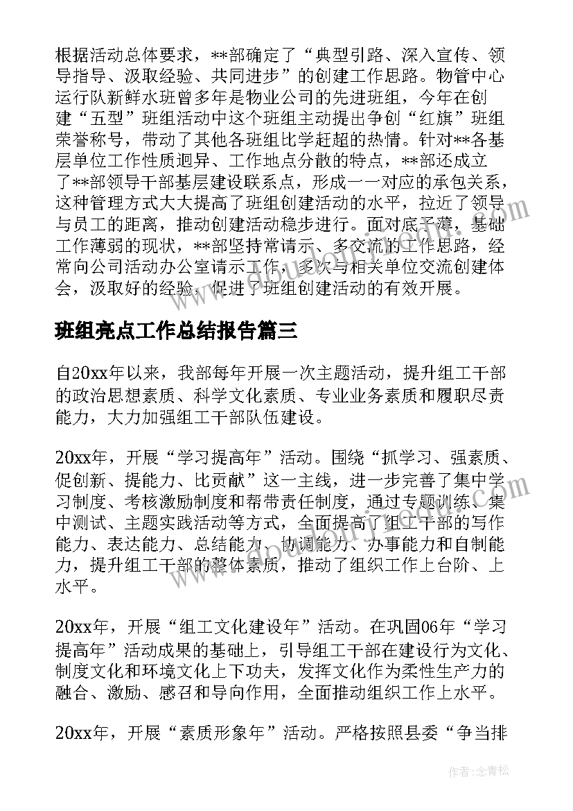 最新班组亮点工作总结报告(优质7篇)