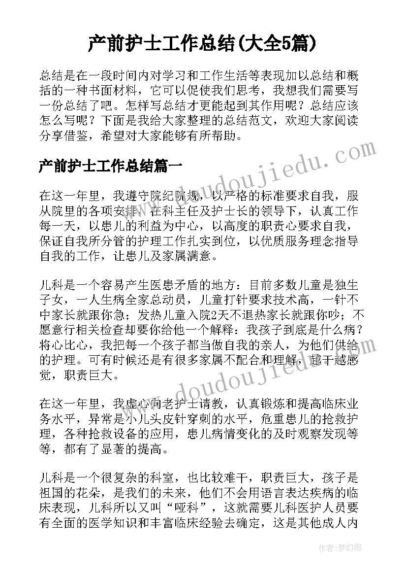 产前护士工作总结(大全5篇)