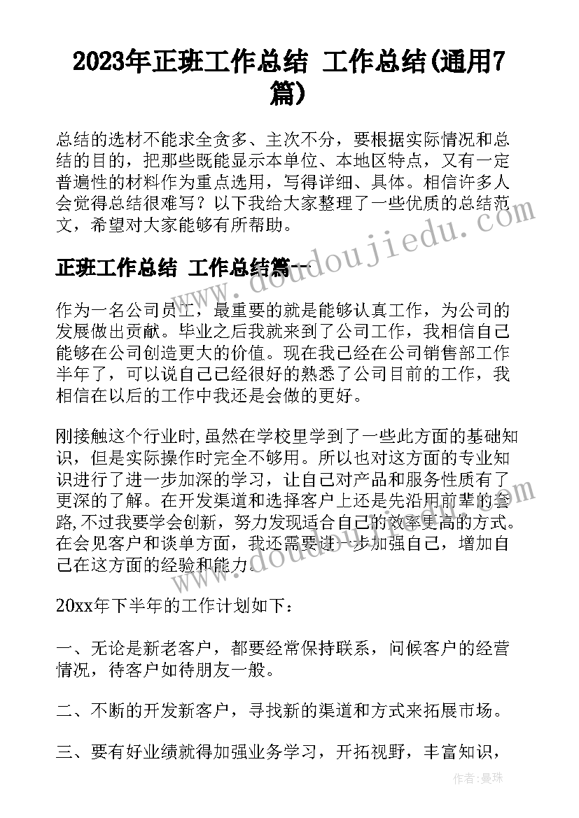 2023年正班工作总结 工作总结(通用7篇)