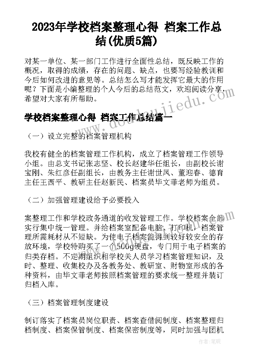 2023年学校档案整理心得 档案工作总结(优质5篇)