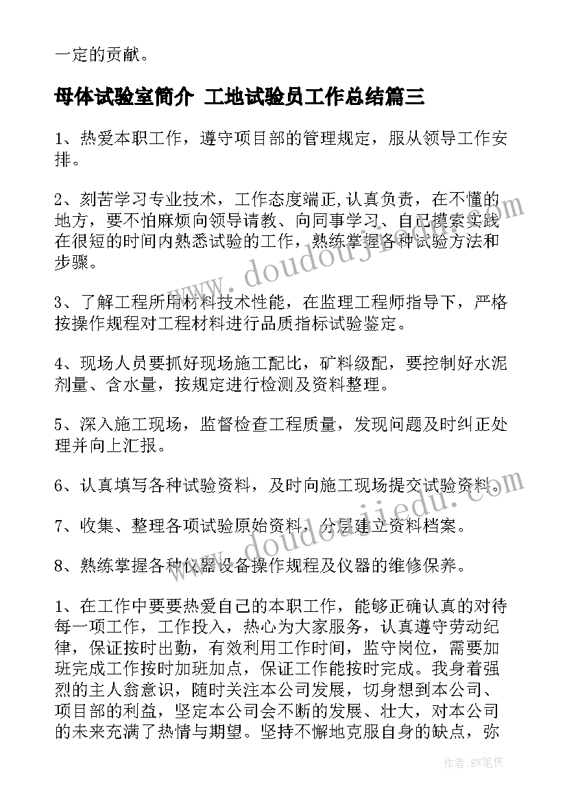 母体试验室简介 工地试验员工作总结(通用8篇)