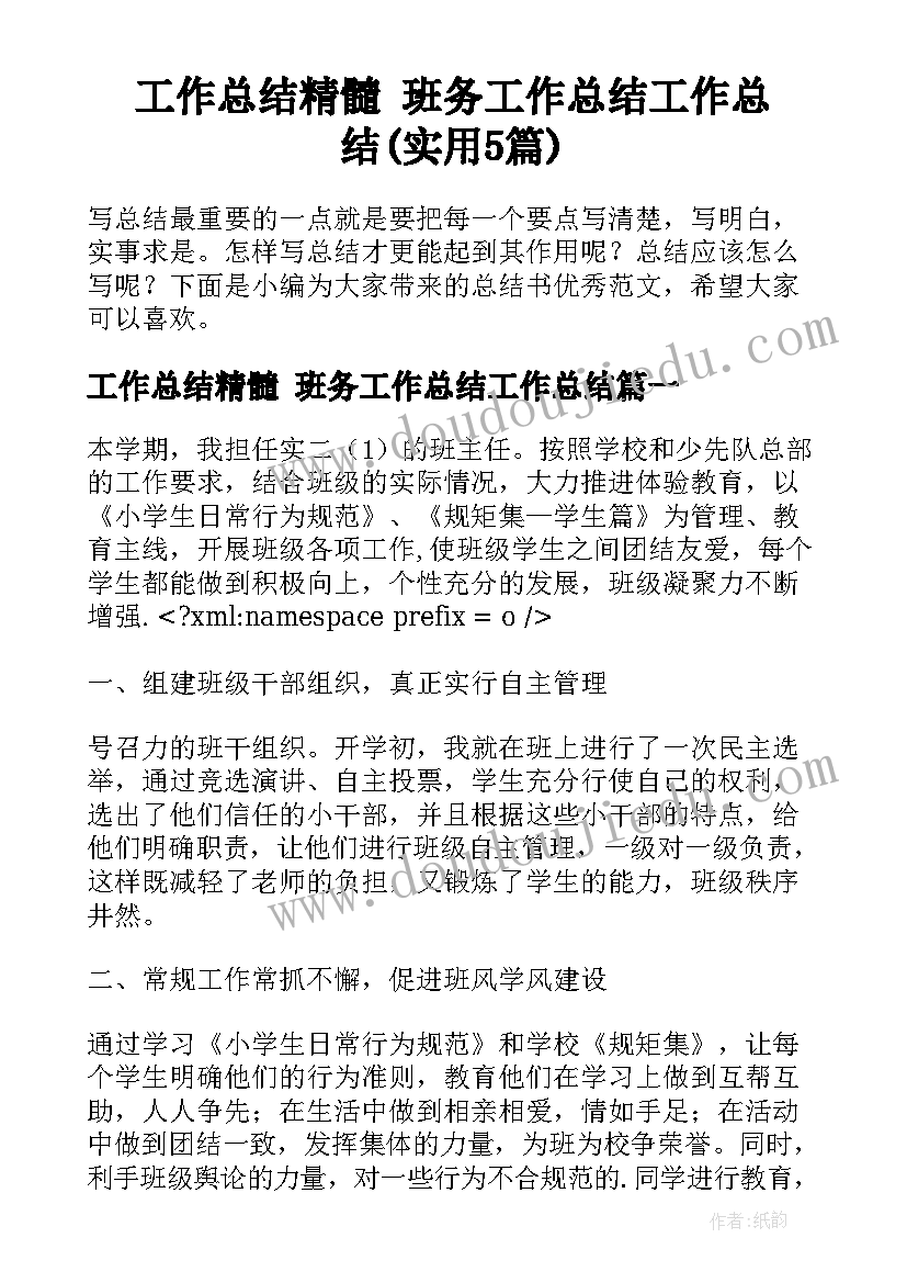 工作总结精髓 班务工作总结工作总结(实用5篇)