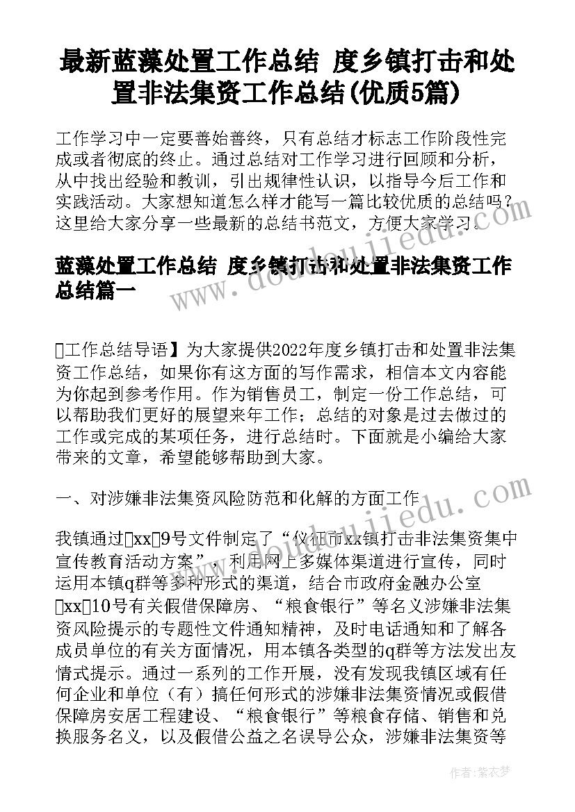 最新蓝藻处置工作总结 度乡镇打击和处置非法集资工作总结(优质5篇)