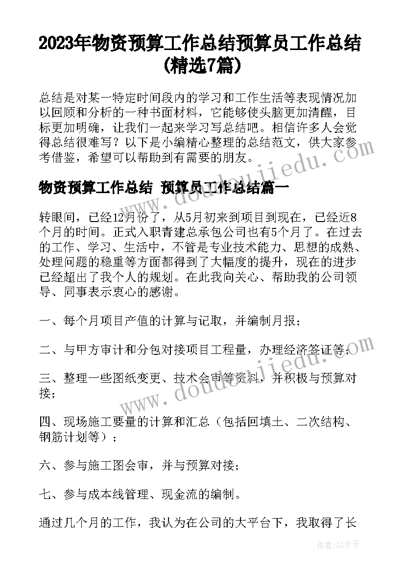 2023年物资预算工作总结 预算员工作总结(精选7篇)