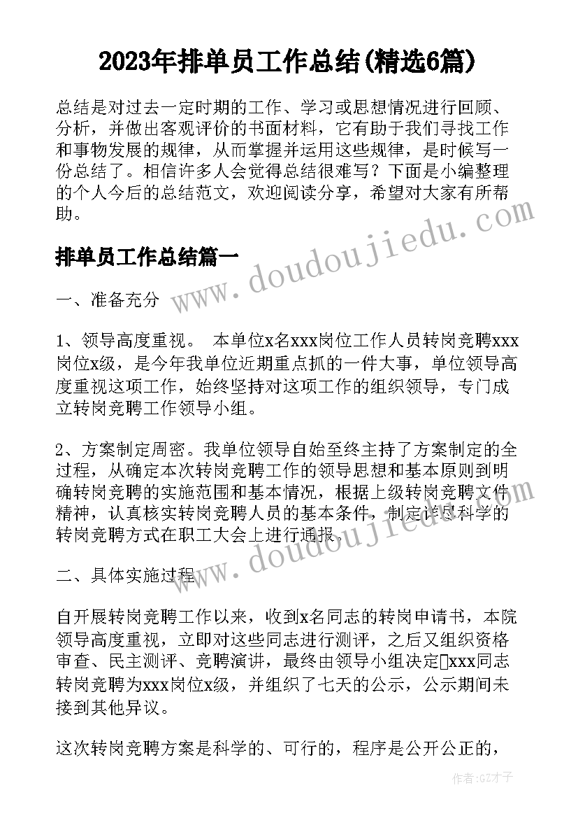 2023年排单员工作总结(精选6篇)