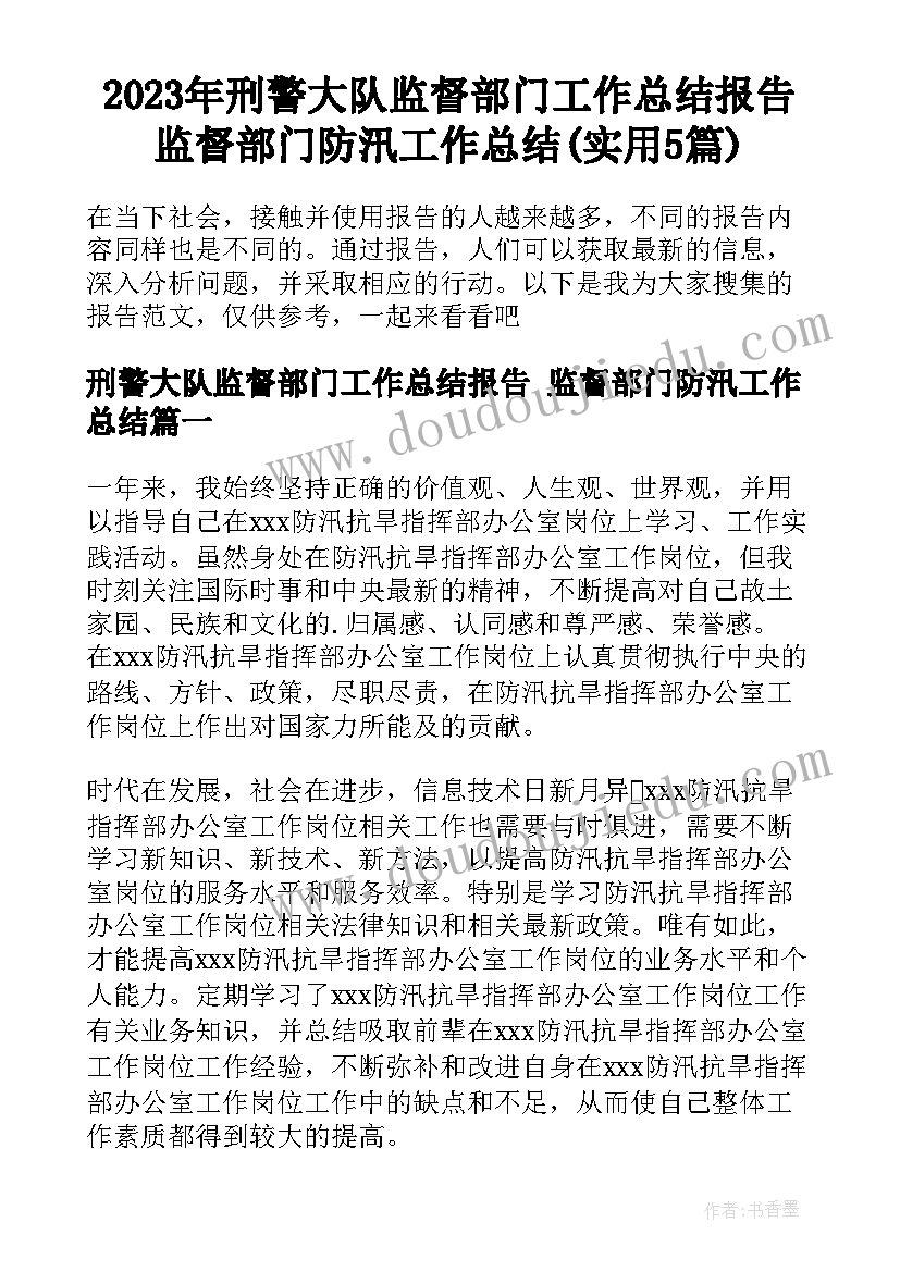 2023年刑警大队监督部门工作总结报告 监督部门防汛工作总结(实用5篇)