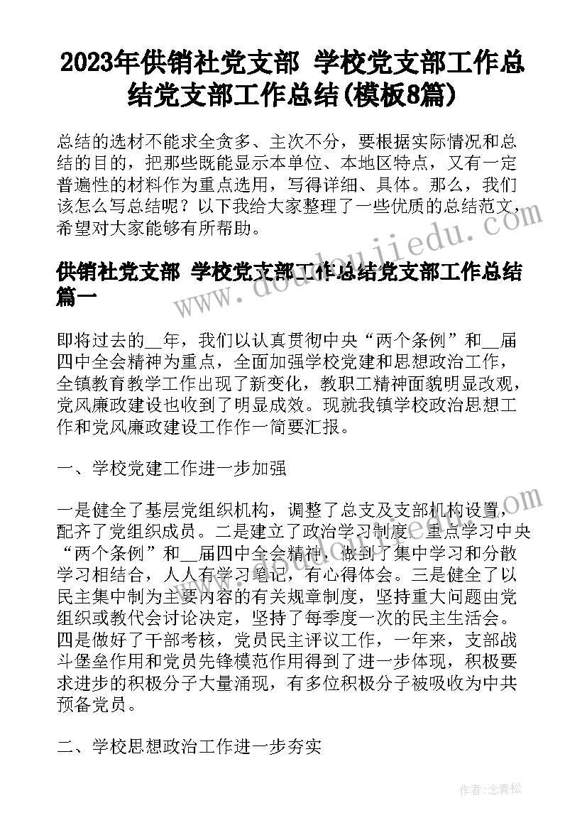 2023年供销社党支部 学校党支部工作总结党支部工作总结(模板8篇)