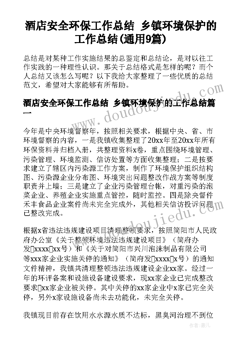 酒店安全环保工作总结 乡镇环境保护的工作总结(通用9篇)