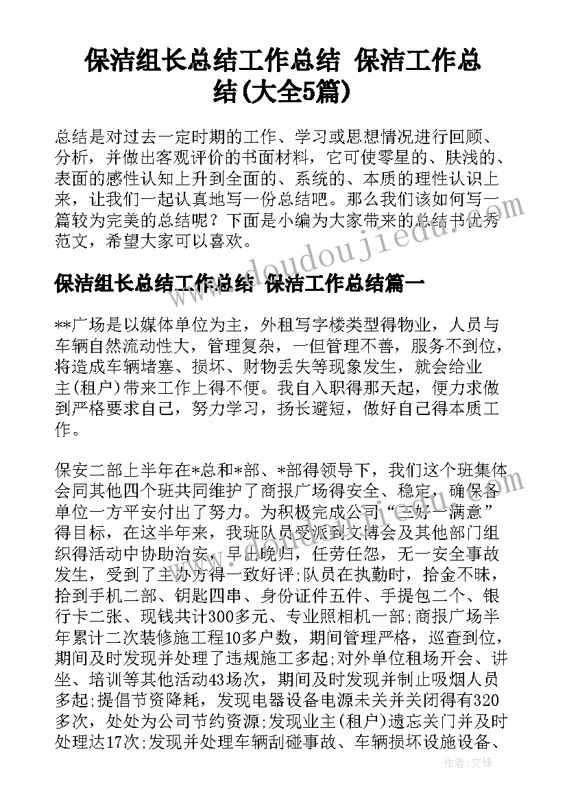 保洁组长总结工作总结 保洁工作总结(大全5篇)