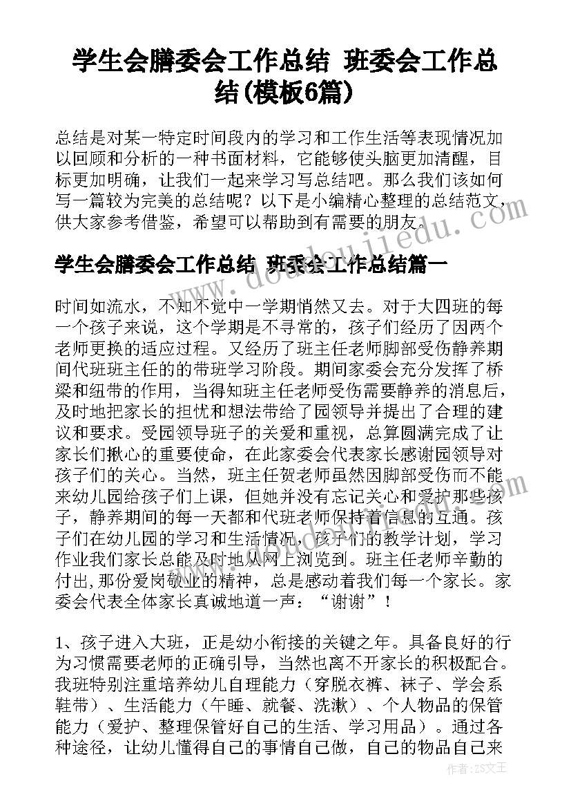 学生会膳委会工作总结 班委会工作总结(模板6篇)