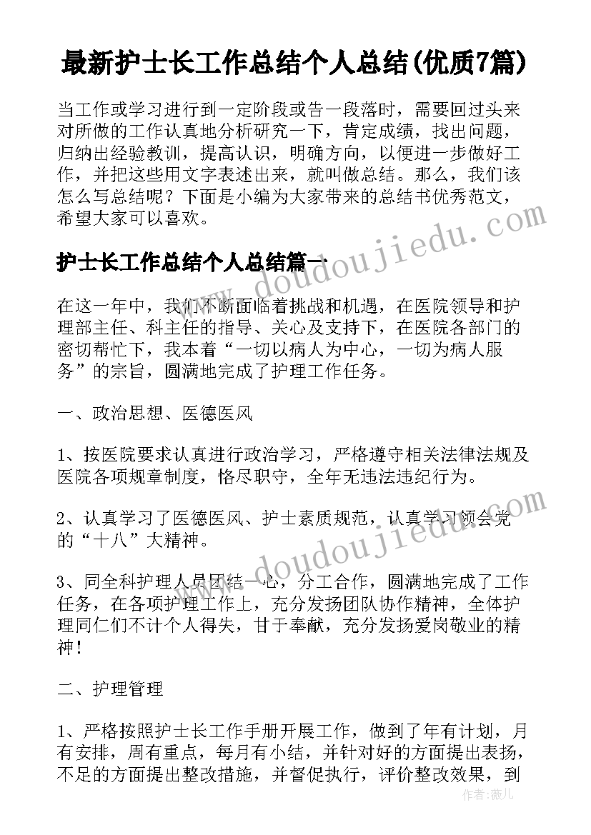 最新护士长工作总结个人总结(优质7篇)