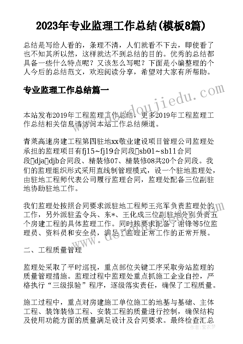 2023年专业监理工作总结(模板8篇)