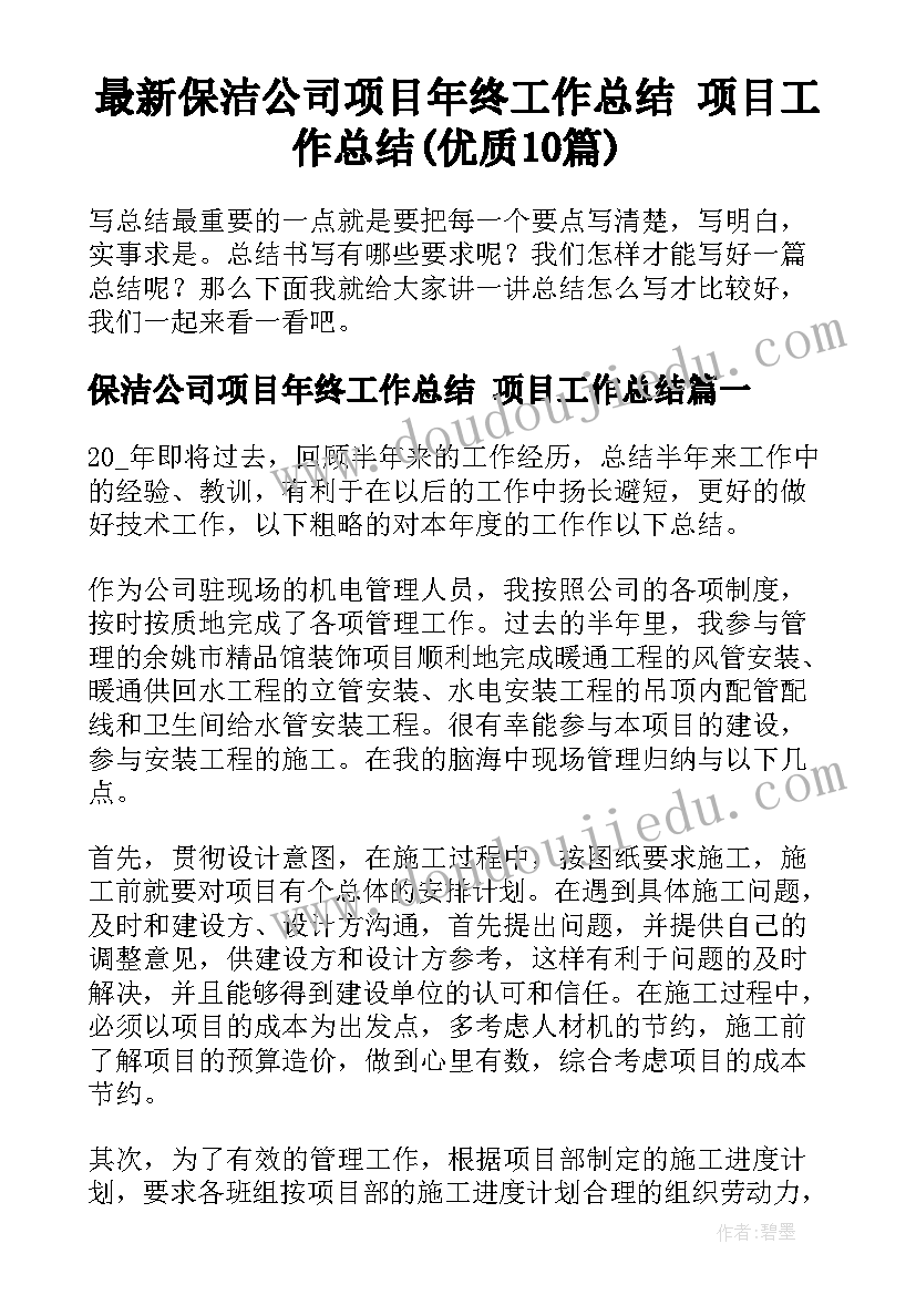 最新保洁公司项目年终工作总结 项目工作总结(优质10篇)