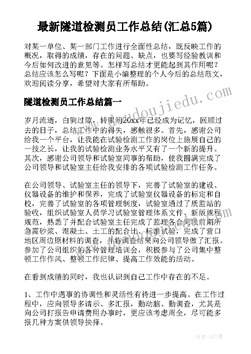 最新隧道检测员工作总结(汇总5篇)