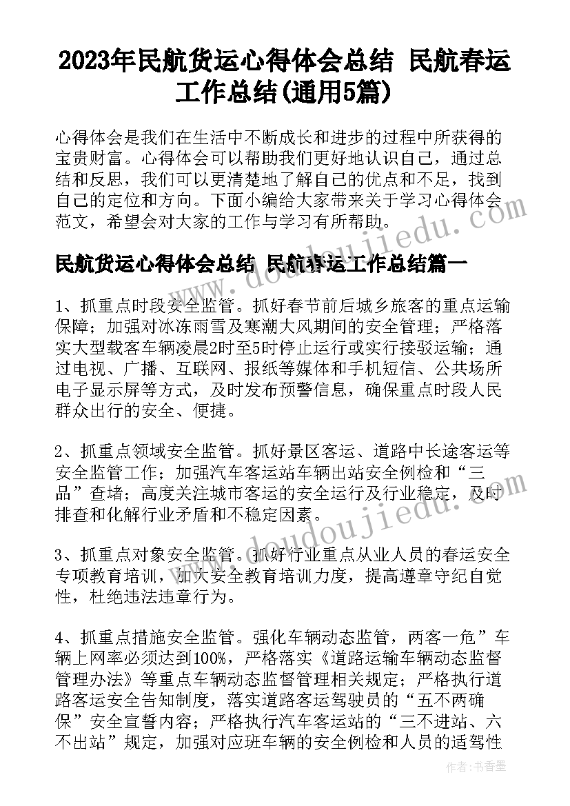 2023年民航货运心得体会总结 民航春运工作总结(通用5篇)