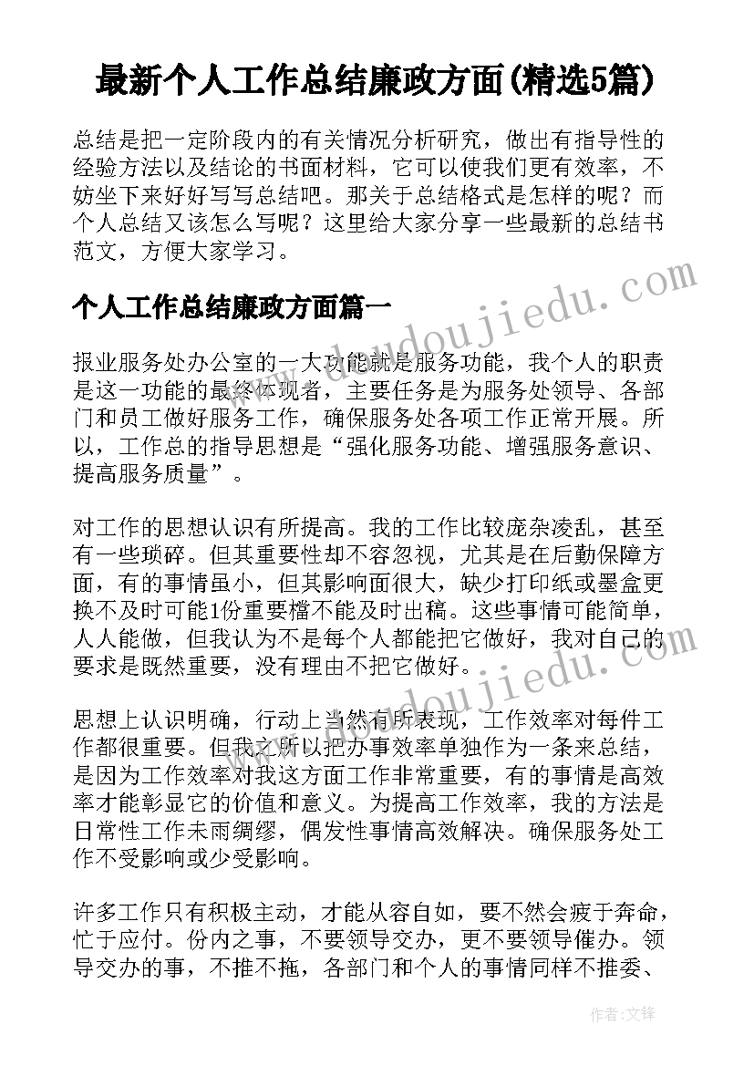 最新个人工作总结廉政方面(精选5篇)