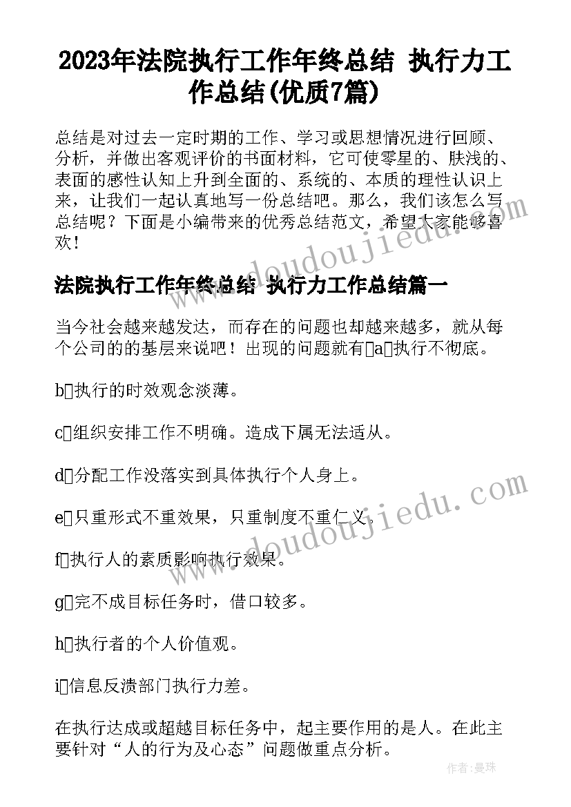 2023年法院执行工作年终总结 执行力工作总结(优质7篇)