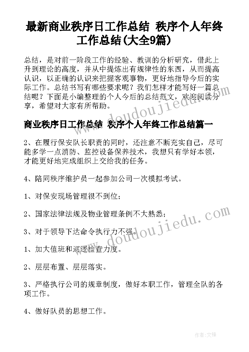 最新商业秩序日工作总结 秩序个人年终工作总结(大全9篇)