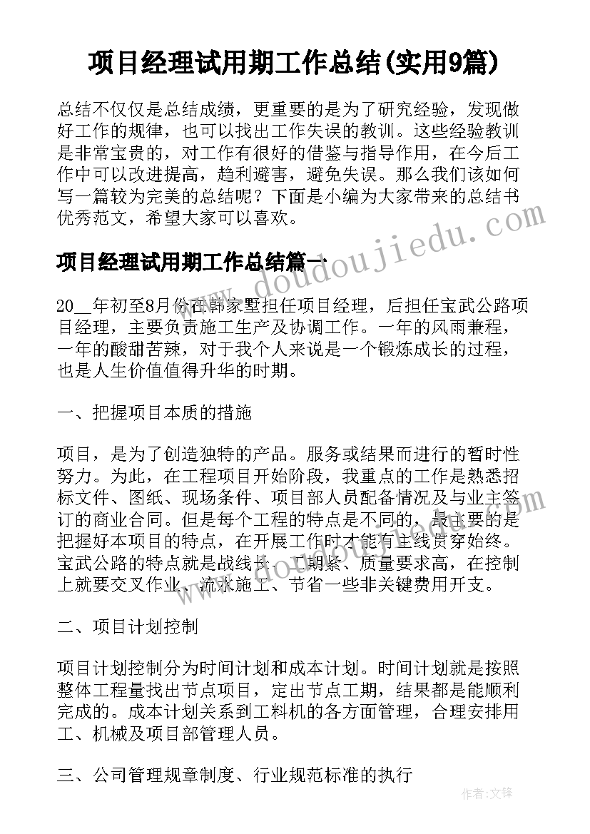 项目经理试用期工作总结(实用9篇)